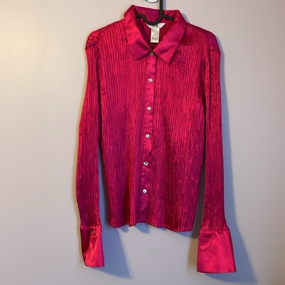S.L.B. Dark Pink Satin Crepe Collared Button Front Blouse size XL